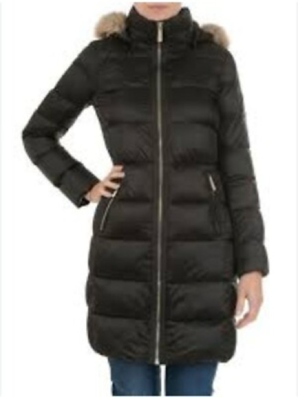 Black Long Quilted Puffer Coat with Real Fur Trim